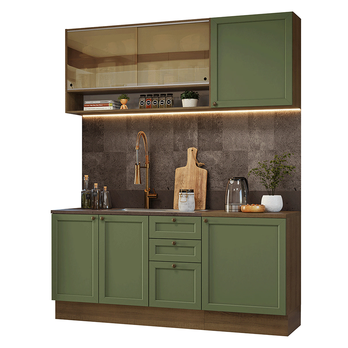 Cocina Integral Vik Marrón y Verde 180x225cm sin Mesón para Pozuelo Izquierda con Puertas de Vidrio Amarillo y sin Estufa