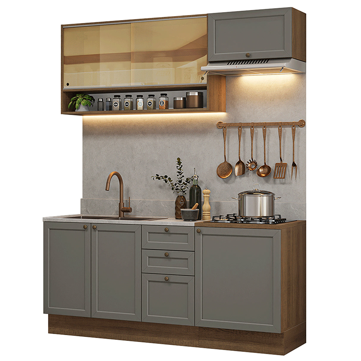Cocina Integral Vik Marrón y Gris 180x225cm sin Mesón para Pozuelo Izquierda con Espacio para Campana y sin Estufa