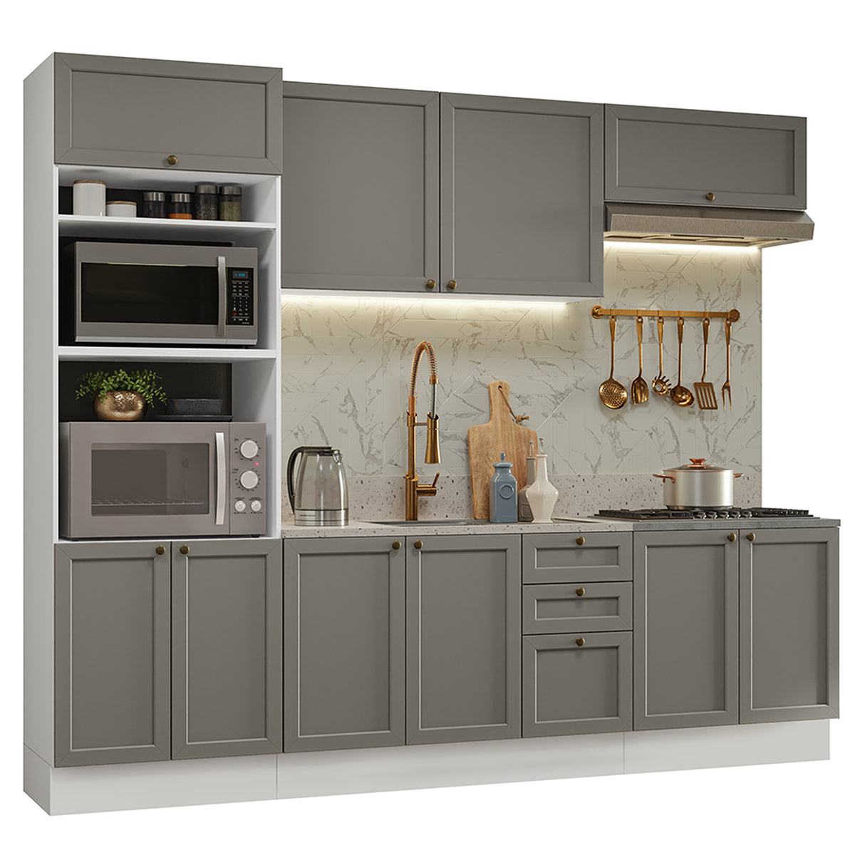 Cocina Integral Vik Blanco y Gris 270x225cm sin Mesón para Pozuelo Izquierda y sin Estufa