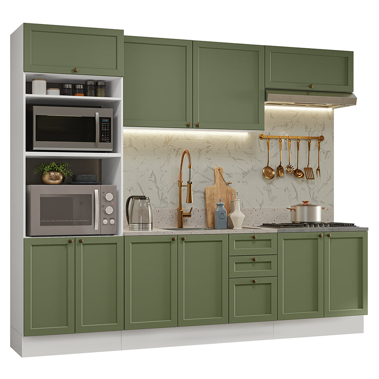 Cocina Integral Vik Blanco y Verde 270x225cm sin Mesón para Pozuelo Izquierda con Seis Puertas Inferiores y sin Estufa