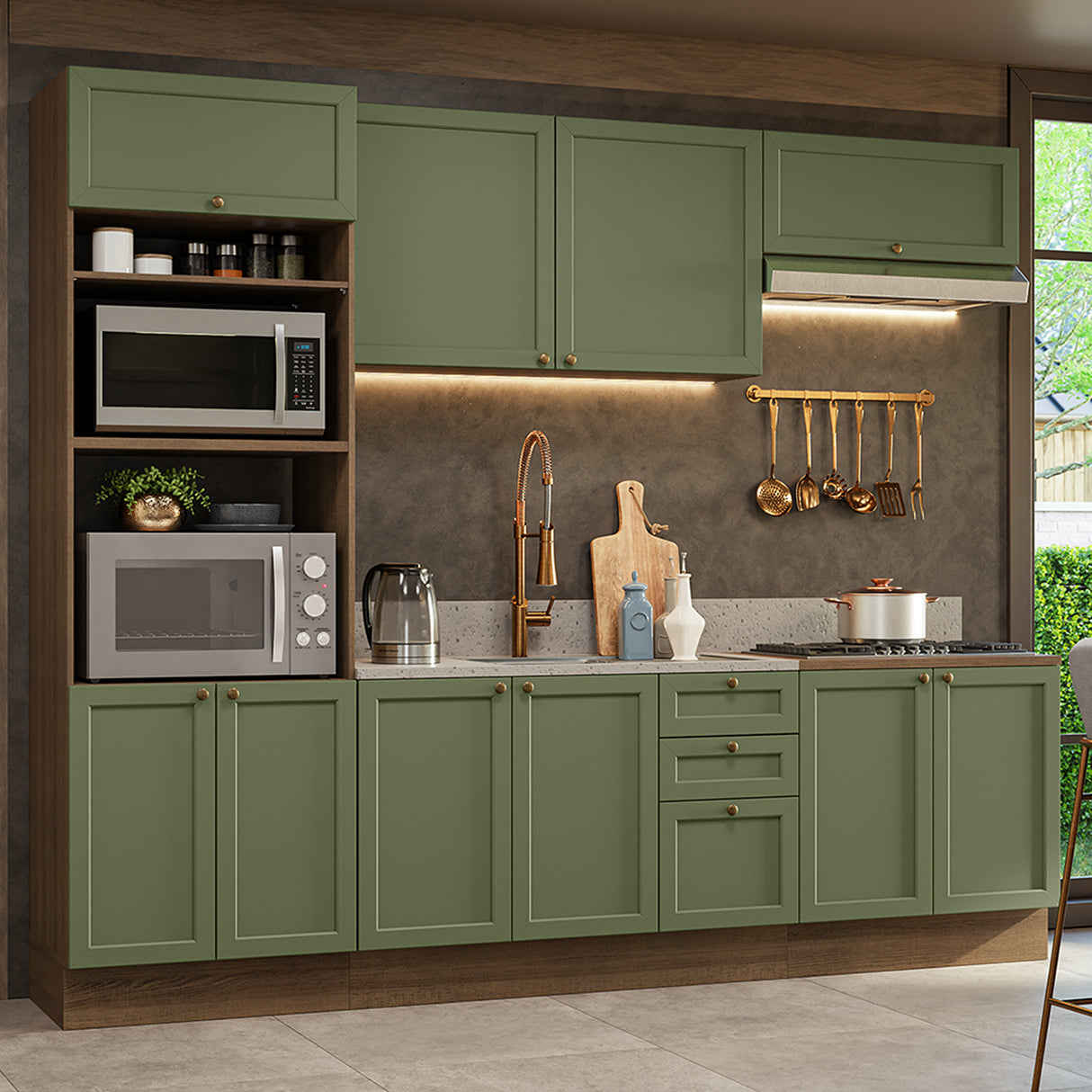 Cocina Integral Vik Marrón y Verde 270x225cm sin Mesón para Pozuelo Izquierda con Seis Puertas Inferiores y sin Estufa