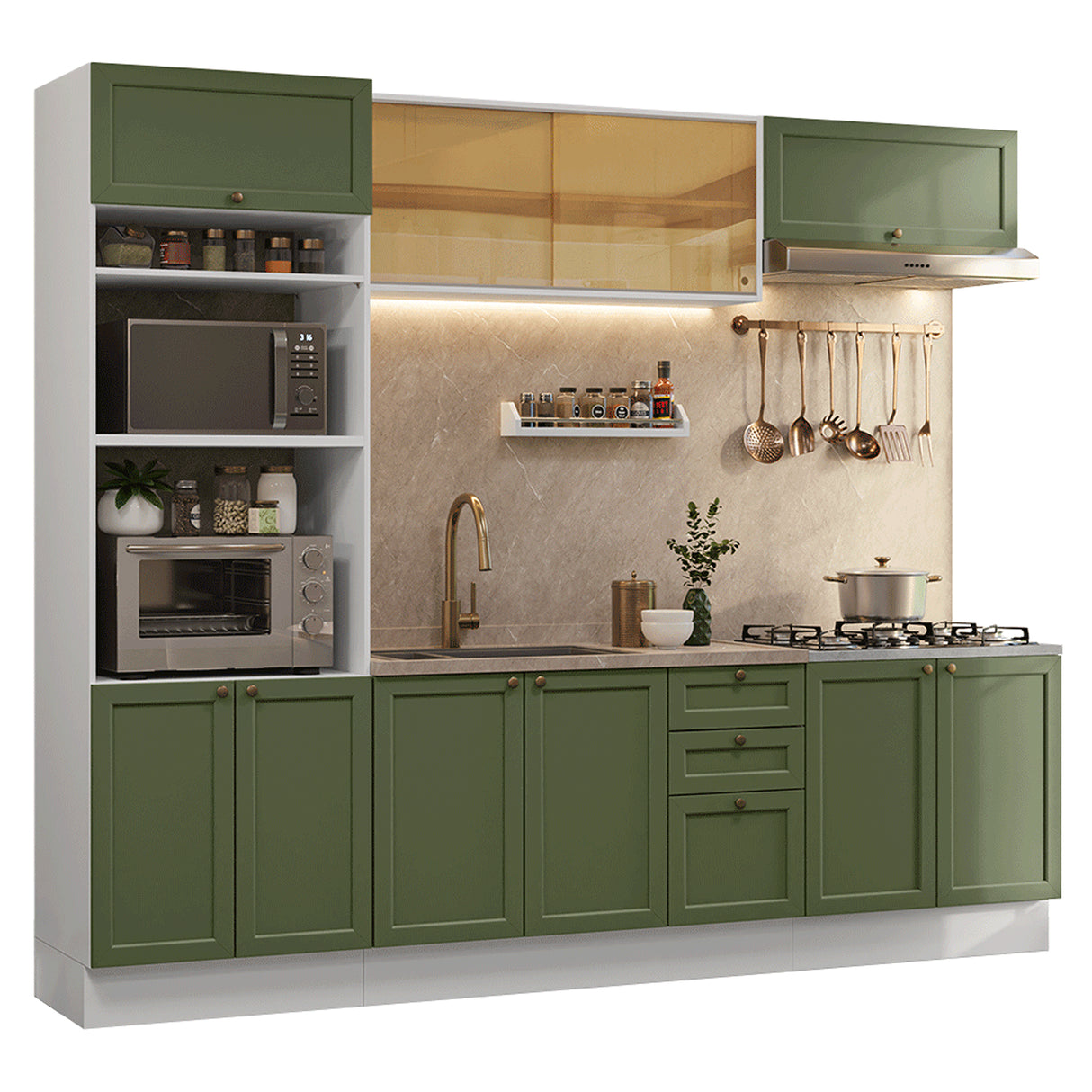 Cocina Integral Vik Blanco y Verde 270x225cm sin Mesón para Pozuelo Izquierda con Puertas de Vidrio Amarillo y sin Estufa