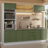 Cocina Integral Vik Blanco y Verde 270x225cm sin Mesón para Pozuelo Izquierda con Puertas de Vidrio Amarillo y sin Estufa