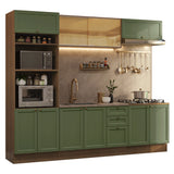 Cocina Integral Vik Marrón y Verde 270x225cm sin Mesón para Pozuelo Izquierda con Puertas de Vidrio Amarillo y sin Estufa