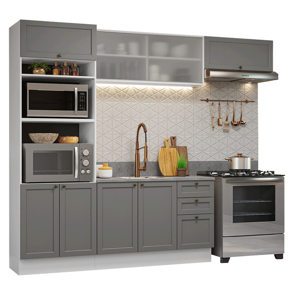 Cocina Integral Vik Blanco y Gris 270x225cm sin Mesón para Pozuelo Izquierda con Puertas de Vidrio y sin Estufa