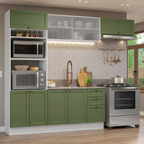 Cocina Integral Vik Blanco y Verde 270x225cm sin Mesón para Pozuelo Izquierda con Puertas de Vidrio y sin Estufa