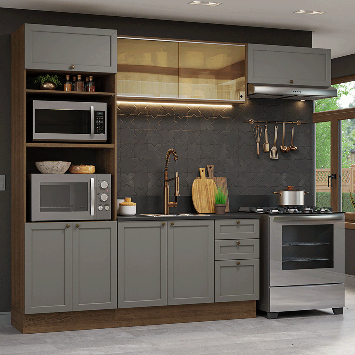 Cocina Integral Vik Marrón y Gris 270x225cm sin Mesón para Pozuelo Izquierda con Cuatro Puertas Inferiores y sin Estufa