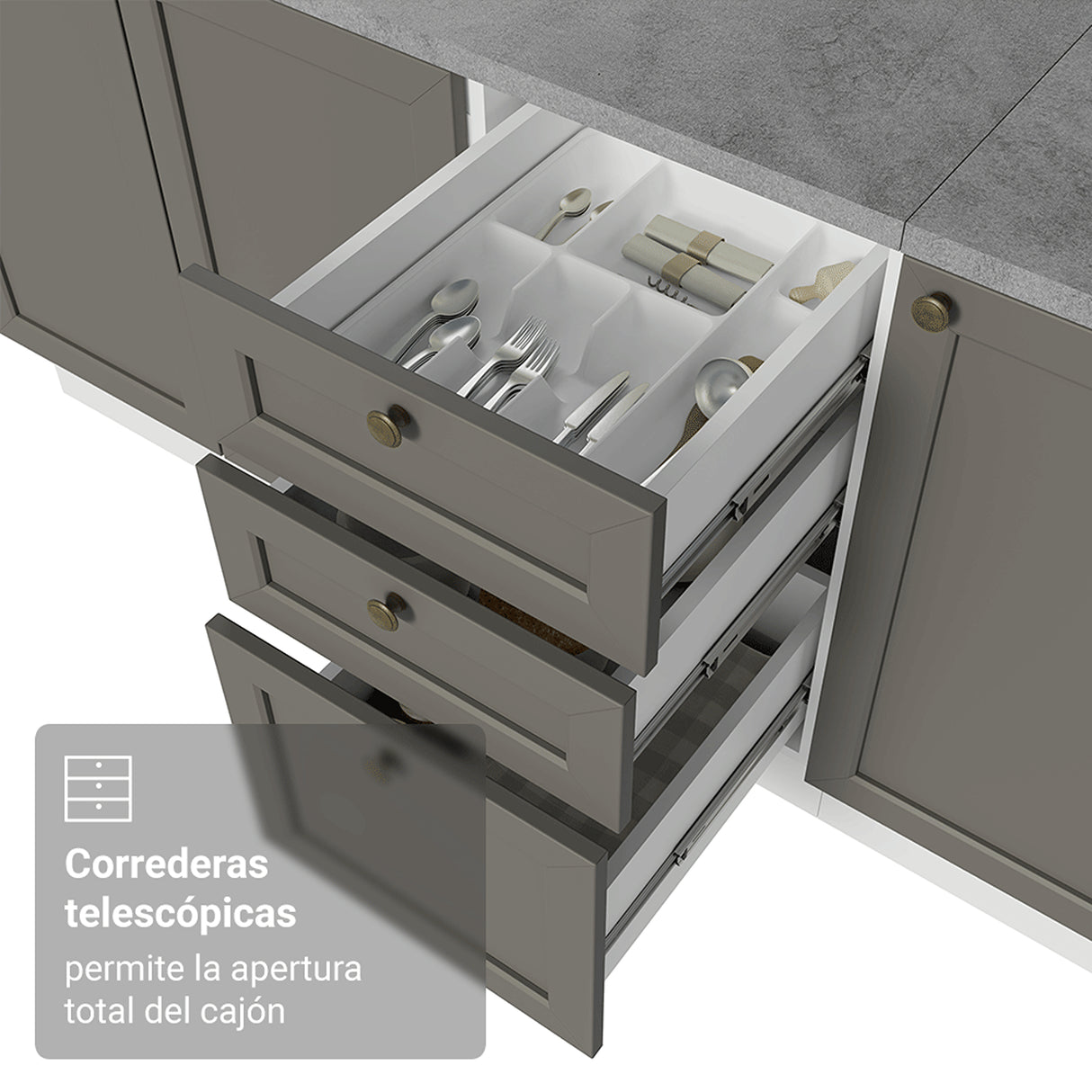 Cocina Integral Vik Blanco y Gris 280x225cm con Mesón de Madera Aglomerada Mdp y sin Estufa