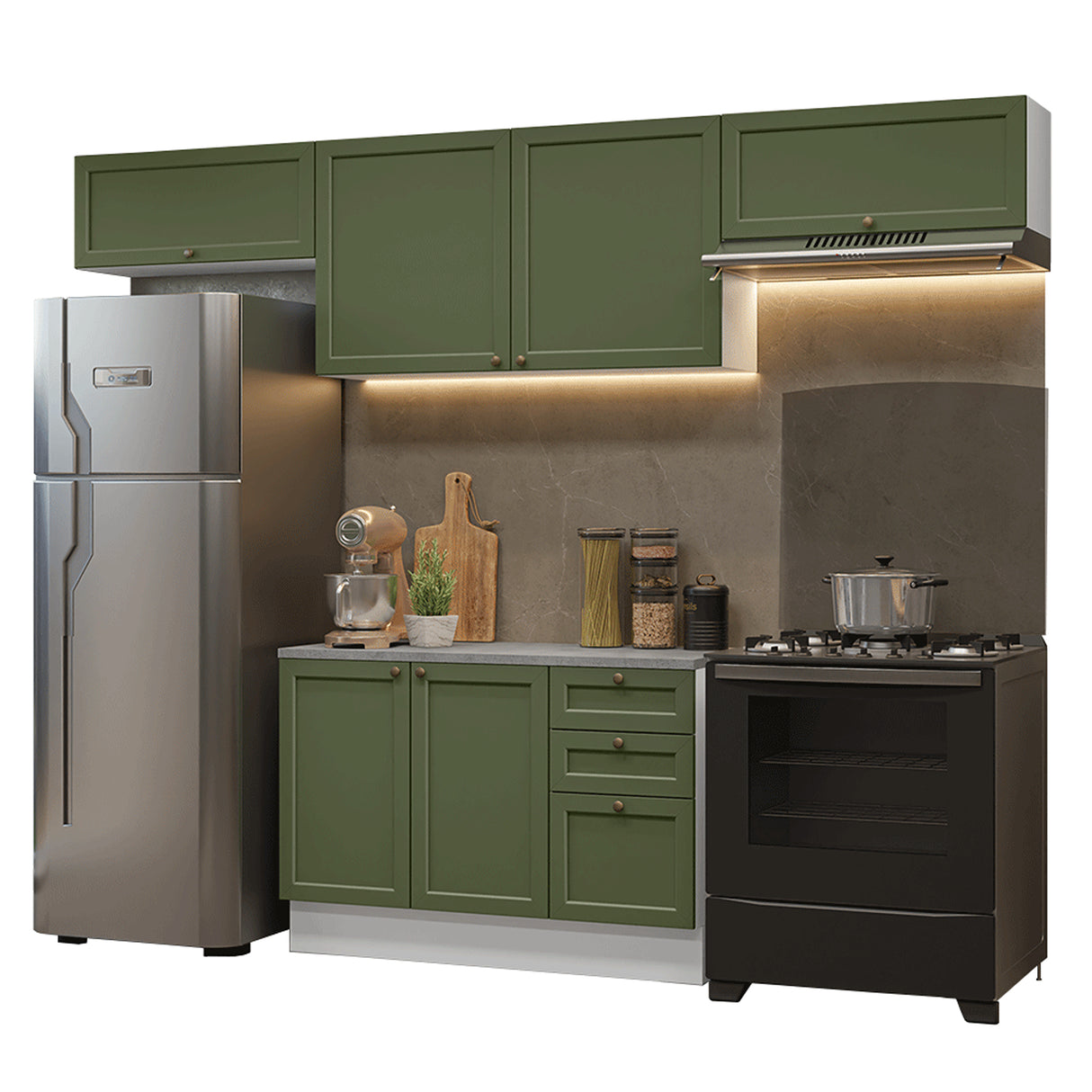 Cocina Integral Vik Blanco y Verde 280x225cm con Mesón de Madera Aglomerada Mdp y sin Estufa