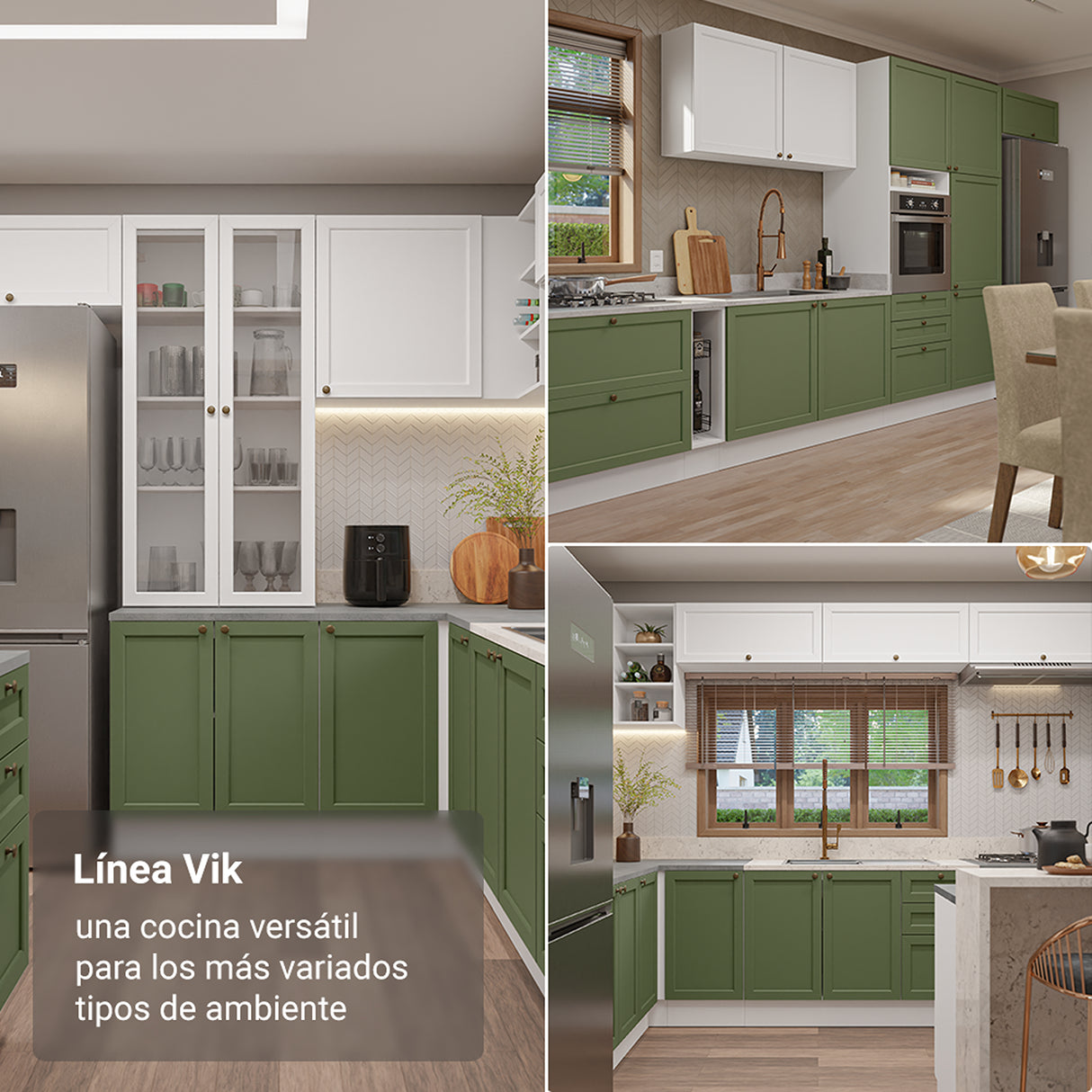 Cocina Integral Vik Blanco y Verde 280x225cm con Mesón de Madera Aglomerada Mdp y sin Estufa