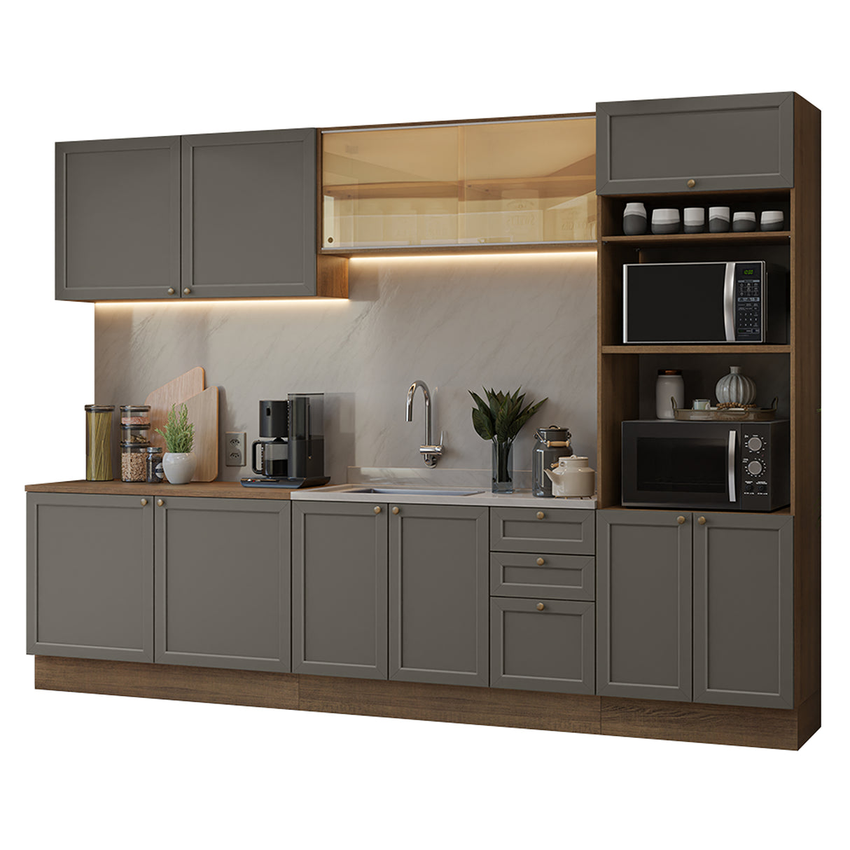 Cocina Integral Vik Marrón y Gris 310x225cm sin Mesón para Pozuelo Izquierda y sin Estufa