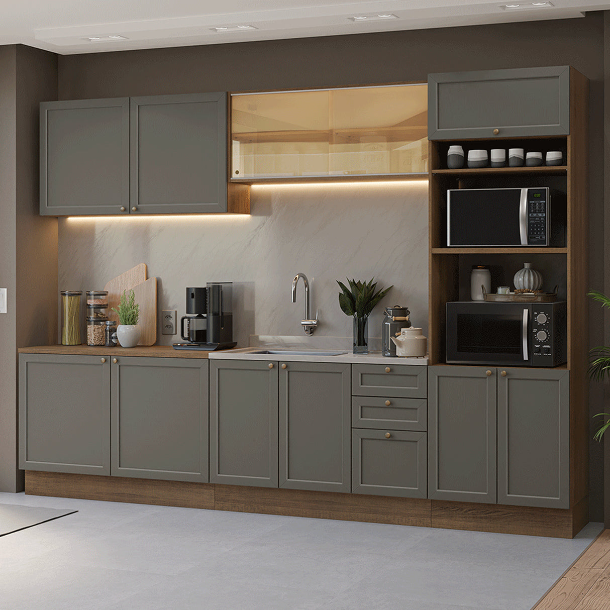 Cocina Integral Vik Marrón y Gris 310x225cm sin Mesón para Pozuelo Izquierda y sin Estufa