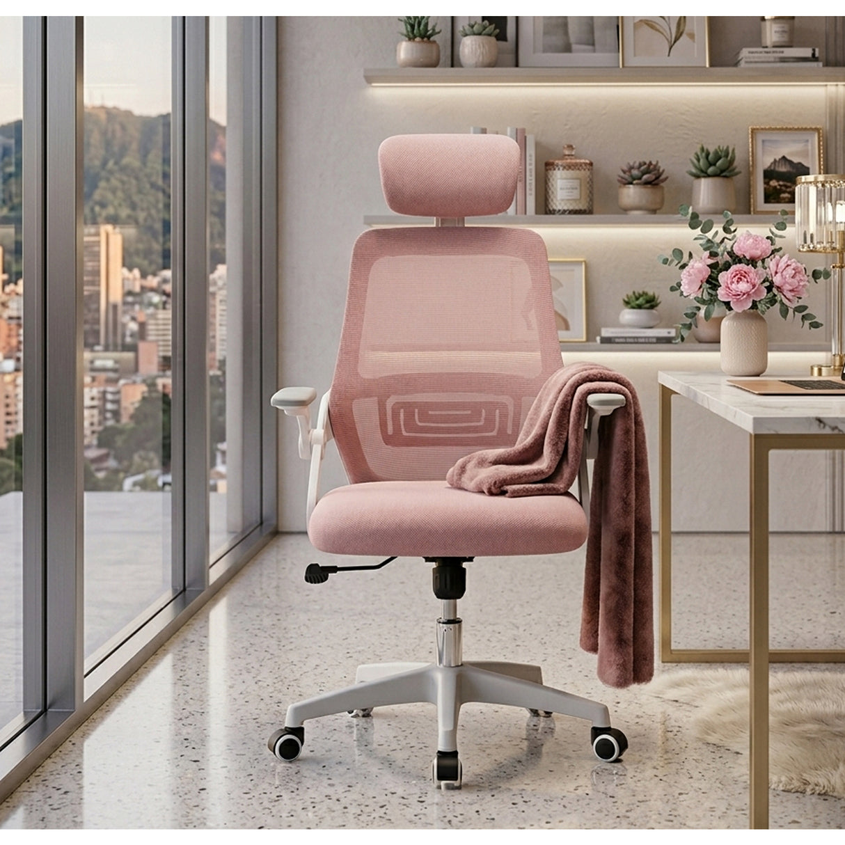 Silla Gerencial Rosa 72x119cm con Apoya Brazos con Soporte Lumbar y con Apoya Cabezas