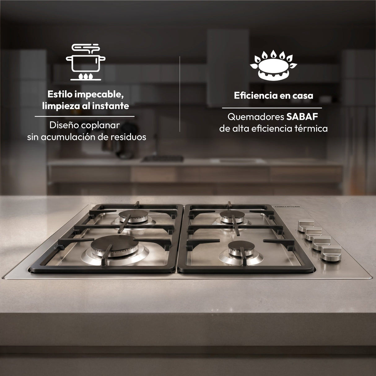 Estufa de Empotrar Challenger Coplanar Acero 61x51cm de Gas Natural con Cuatro Quemadores