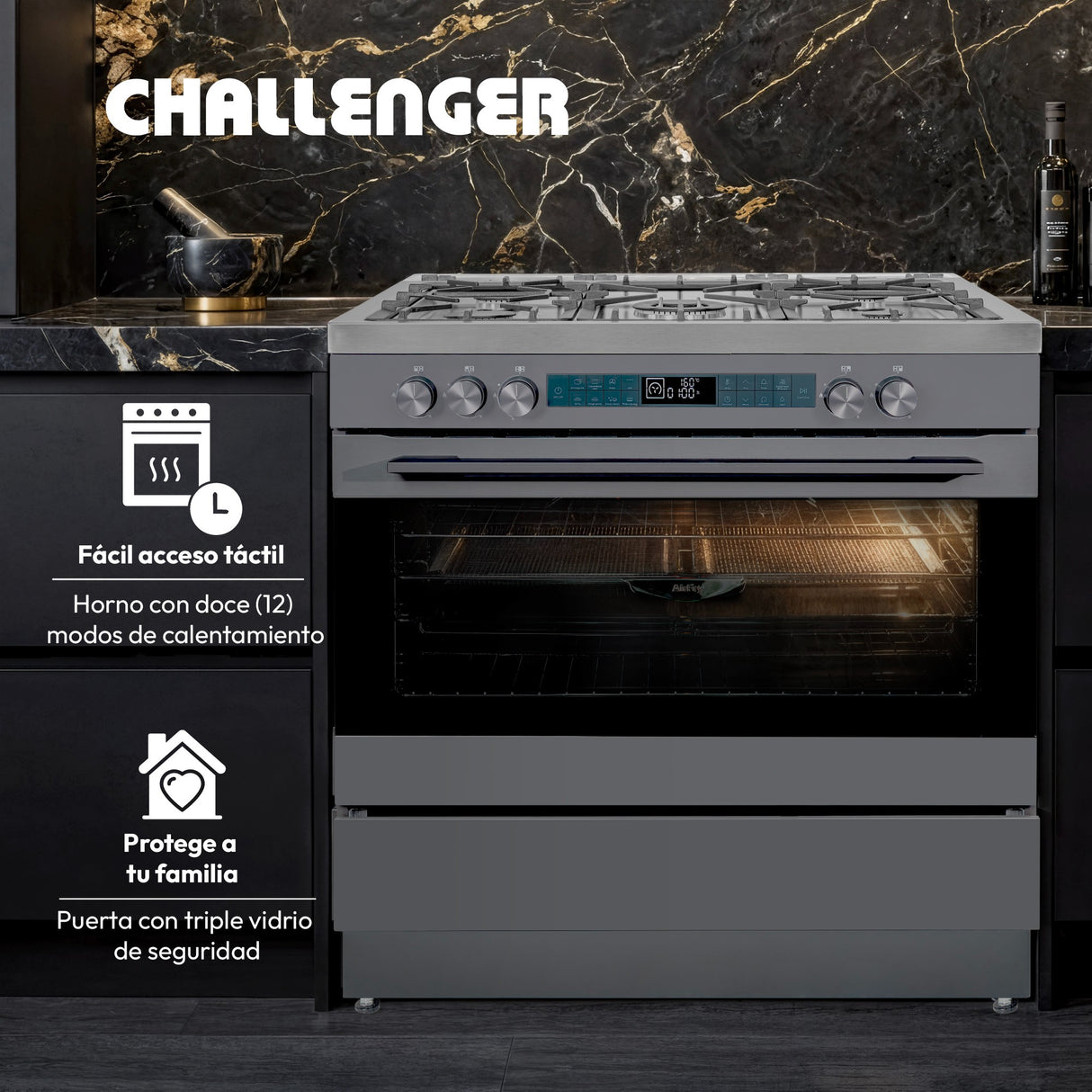 Estufa Challenger Autosoportada Acero 90x90cm De Gas Natural con Horno Eléctrico 220V Cinco Quemadores y con Función Air Fryer