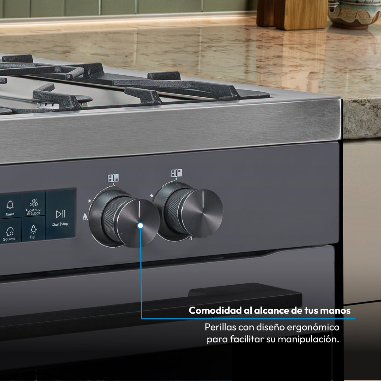 Estufa Challenger Autosoportada Acero 90x90cm De Gas Natural con Horno Eléctrico 220V Cinco Quemadores y con Función Air Fryer