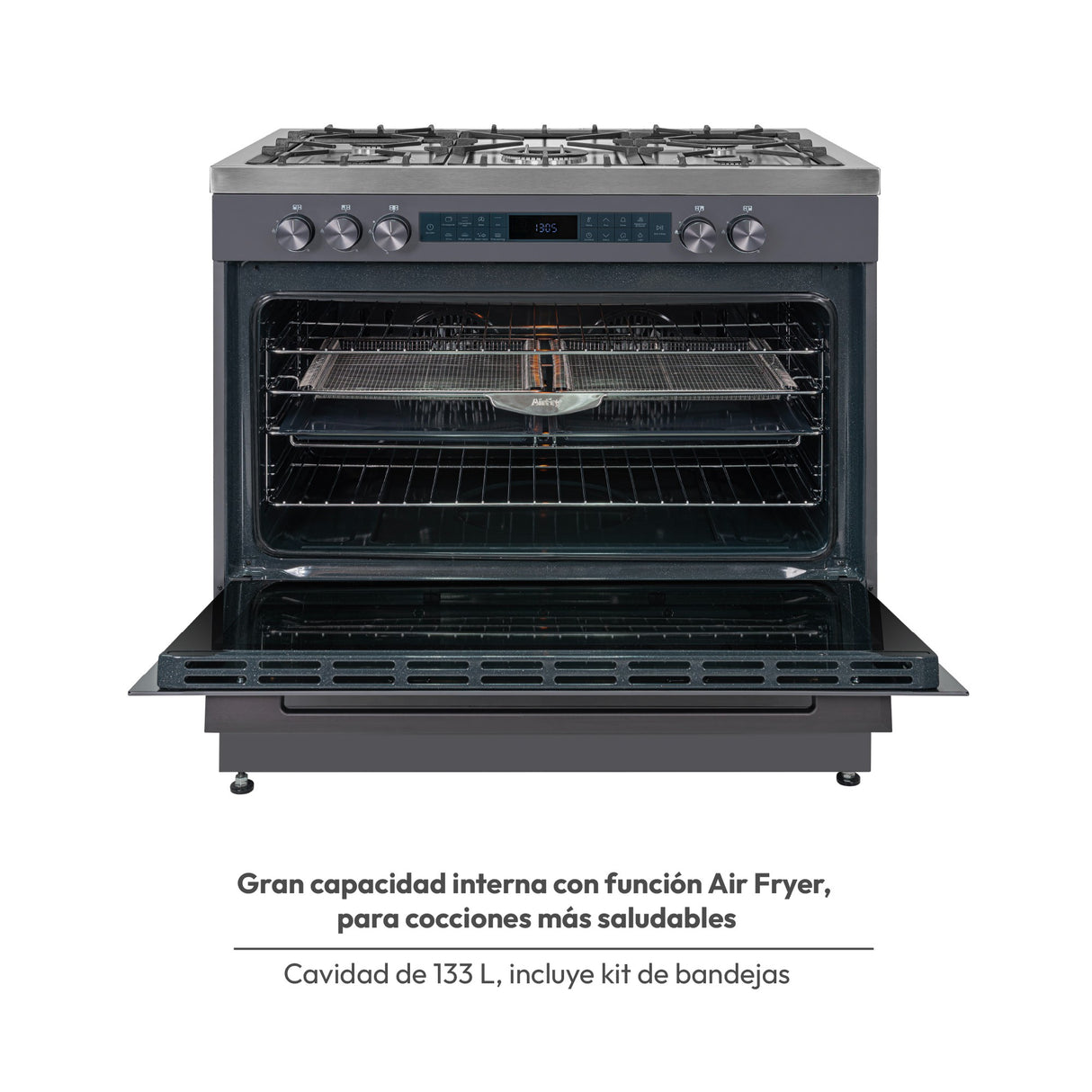 Estufa Challenger Autosoportada Acero 90x90cm De Gas Natural con Horno Eléctrico 220V Cinco Quemadores y con Función Air Fryer