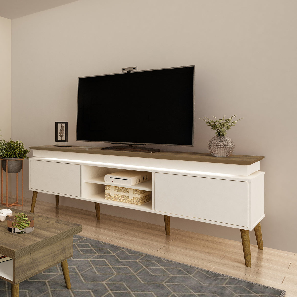 Rack de TV Lumina Pino y Beige 180x62.5cm para TV Hasta 75" Pulgadas y con Ranura para Cables