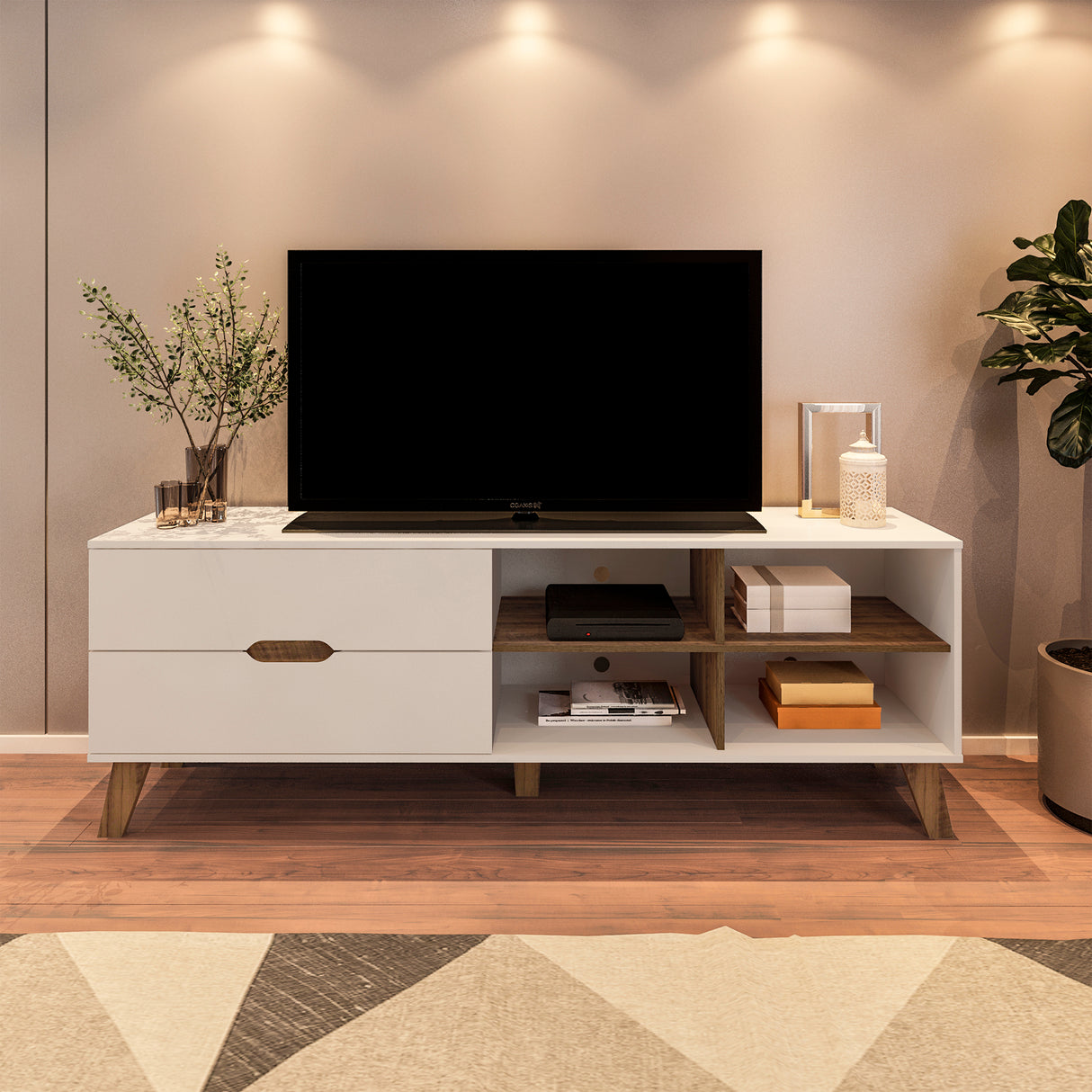 Rack de TV Verona Beige Neutral y Café Claro 180x63.5cm para TV Hasta 75" Pulgadas con Dos Cajones y con Ranura para Cables