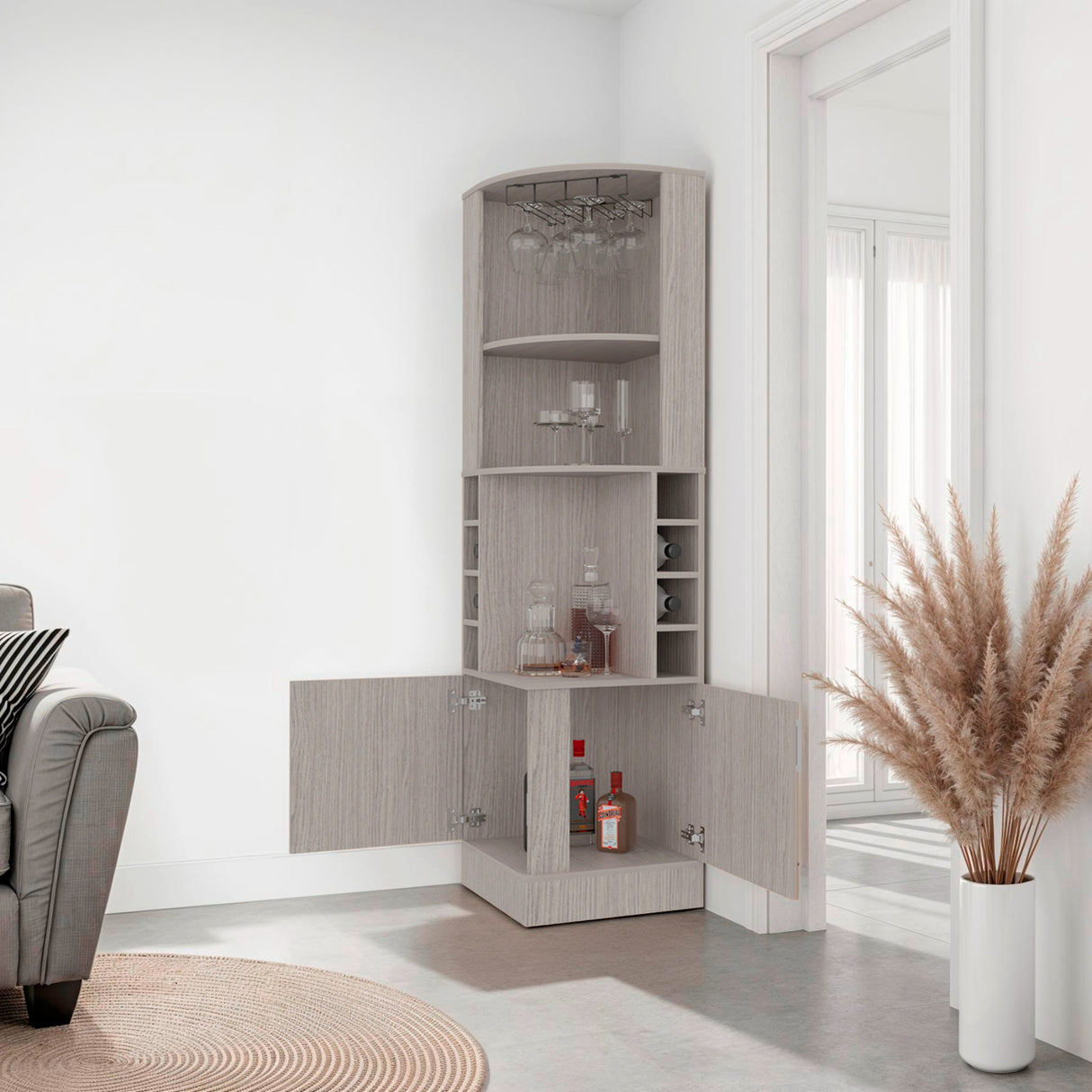 Bar Esquinero Syrah Positano 46.9x180.6cm con Diez Compartimientos y con Ocho Portabotellas