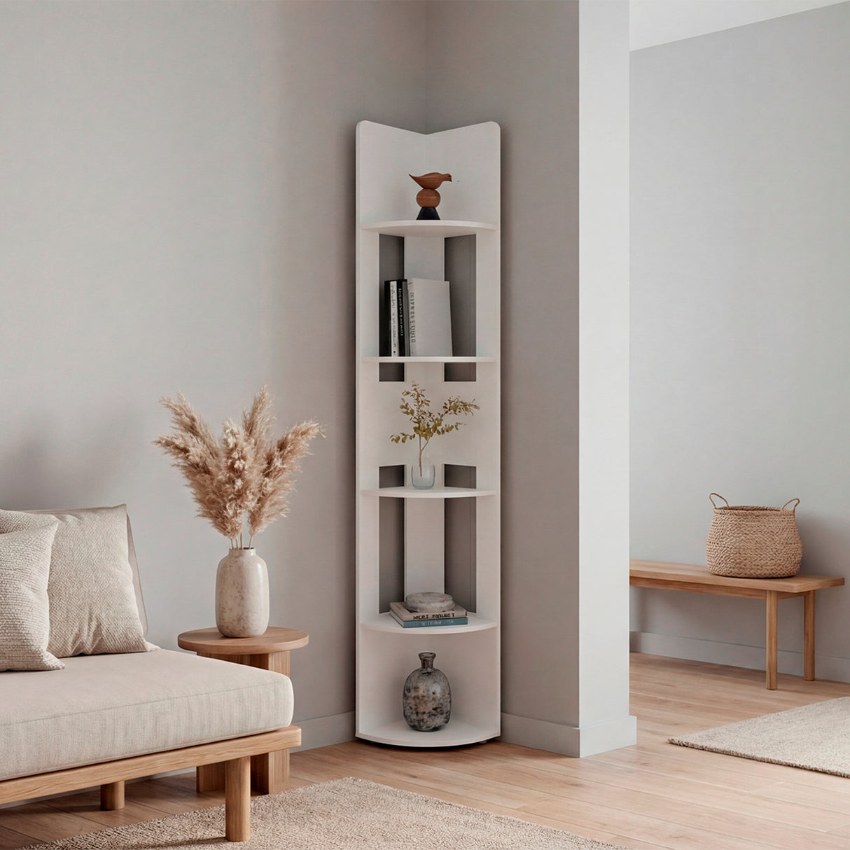 Estante Home E7 Blanco 30x180.6cm Triangular con Cinco Compartimientos y Cuatro Entrepaños