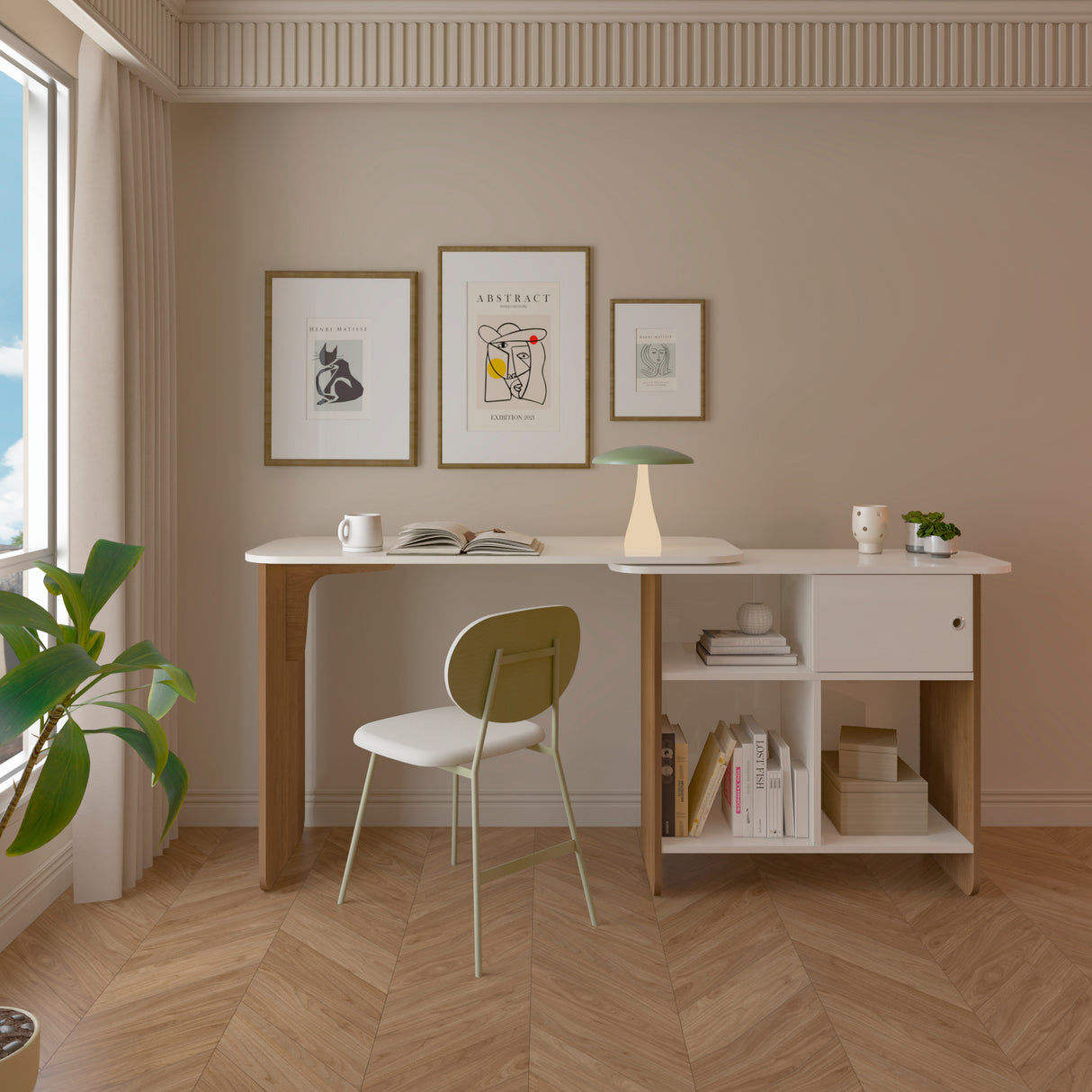 Escritorio Transformable Nomad Café Claro y Beige 118.5x73.5cm con Un Cajón y con Organizador de Libros