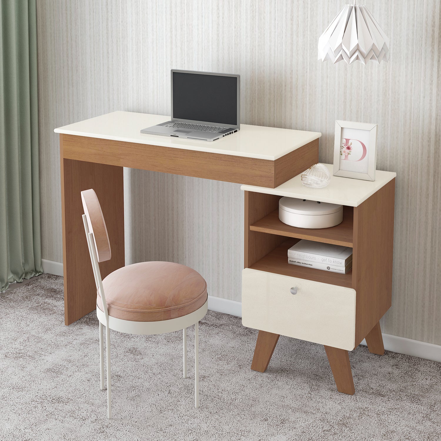 Escritorio Tocador Dora Café y Beige 120.5x118.5cm con Organizador de Libros y con Espejo Integrado