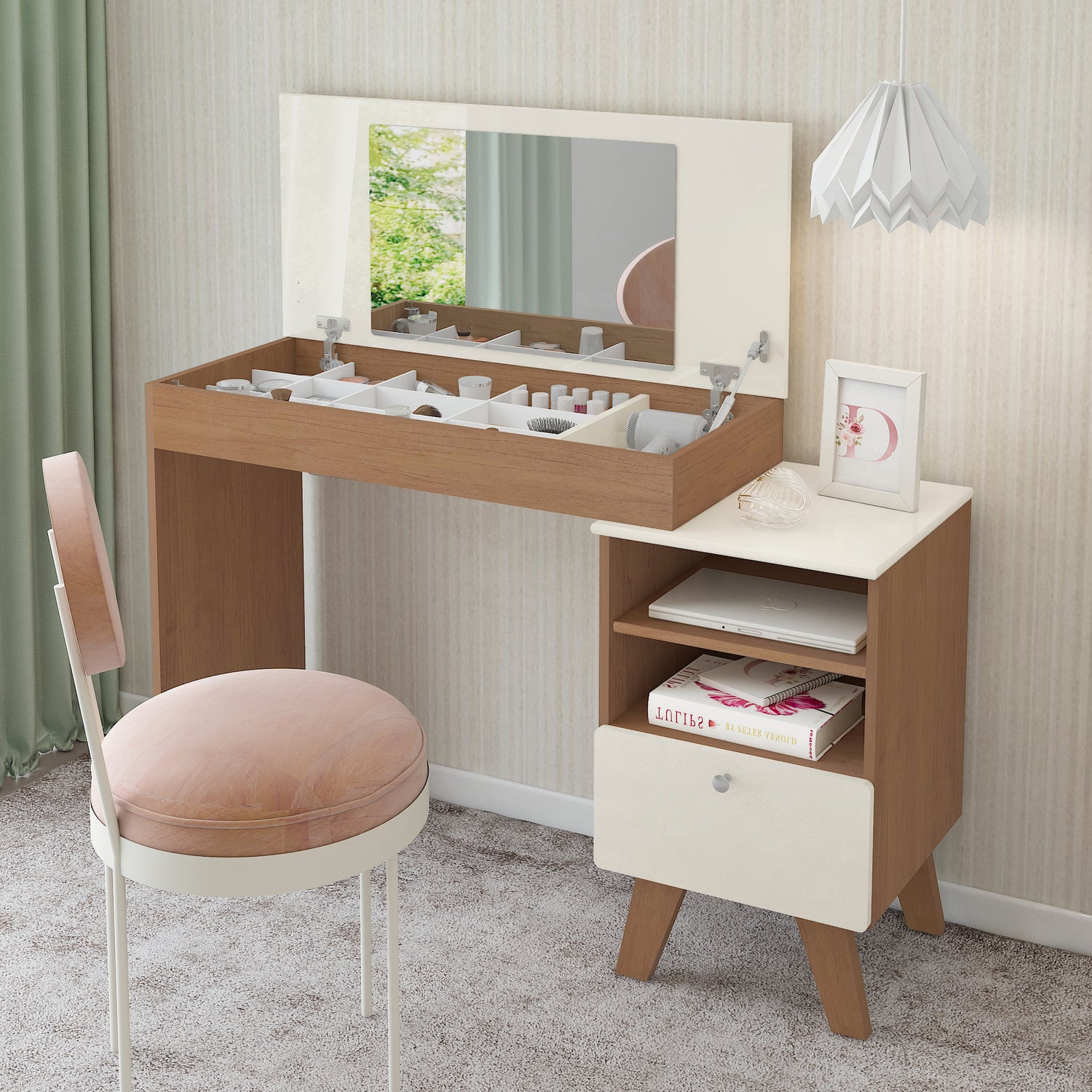 Escritorio Tocador Dora Café y Beige 120.5x118.5cm con Organizador de Libros y con Espejo Integrado