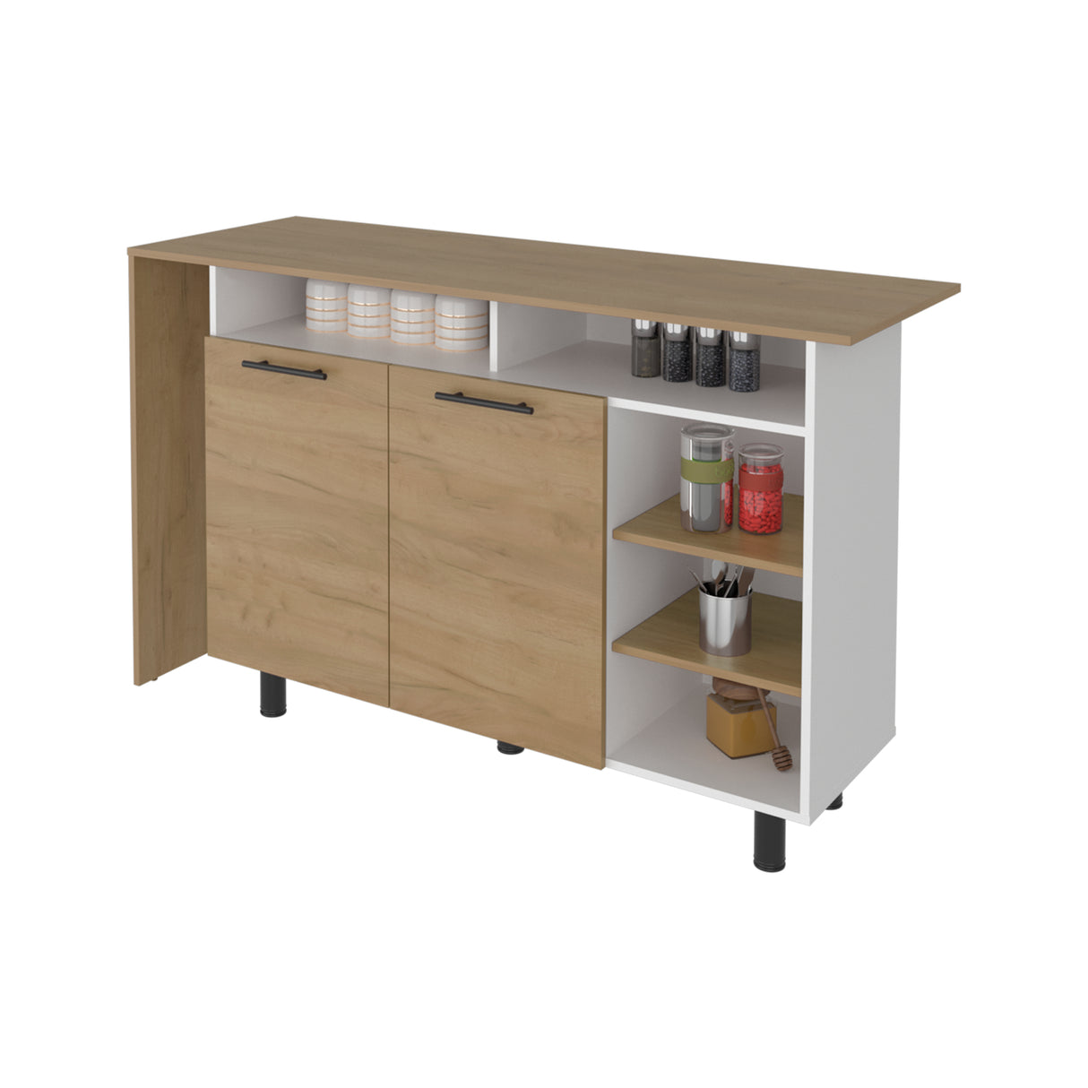 Mueble Auxiliar de Cocina Corcega Fresno y Blanco 150x89.5cm con Tres Entrepaños y Cinco Compartimientos