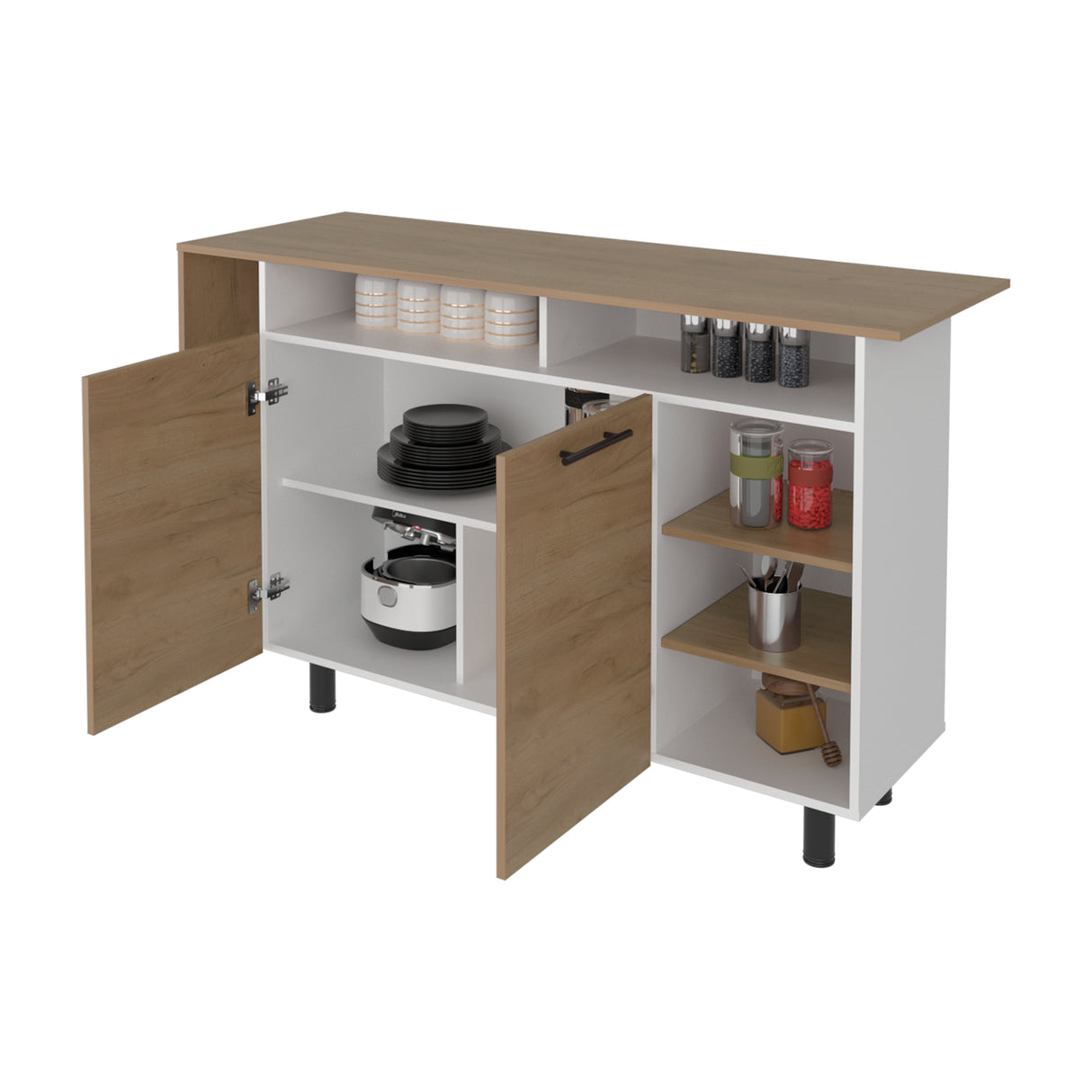 Mueble Auxiliar de Cocina Corcega Fresno y Blanco 150x89.5cm con Tres Entrepaños y Cinco Compartimientos