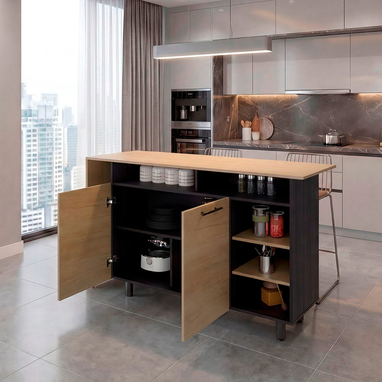 Mueble Auxiliar de Cocina Corcega Fresno y Wengue 150x89.5cm con Tres Entrepaños y Cinco Compartimientos