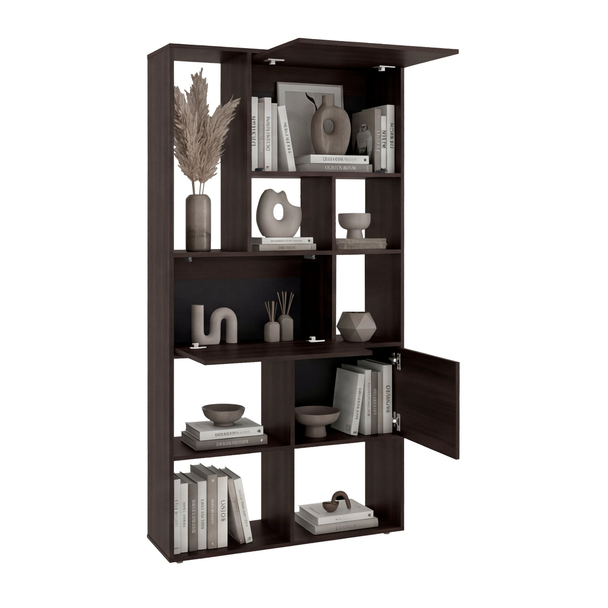 Biblioteca Anya Nogal 92.4x181.6cm Rectangular con Siete Compartimientos y con Cuatro Entrepaños