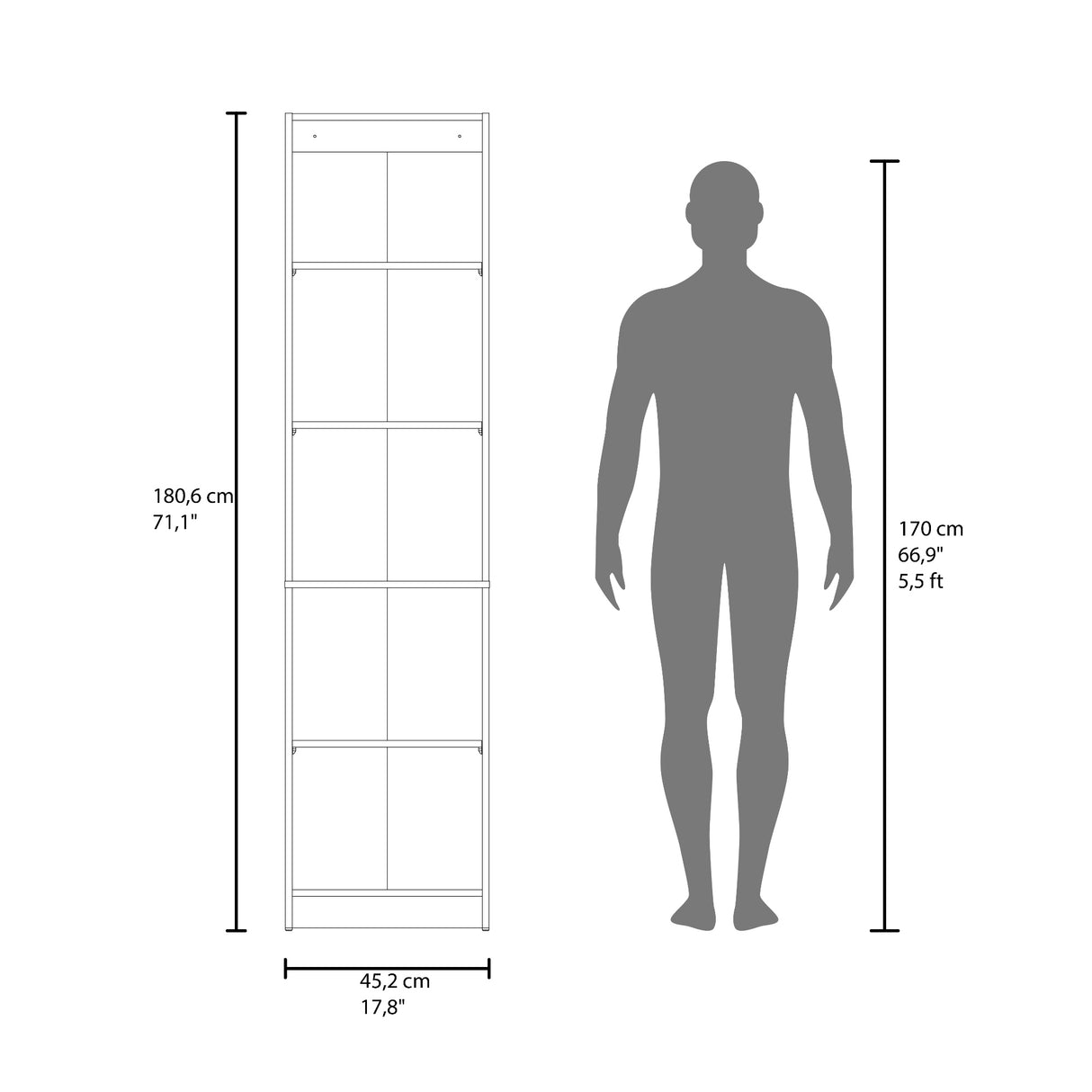Estantería E-M6 Positano y Wengue 45.2x180.6cm Rectangular con Cinco Compartimientos y con Cuatro Entrepaños