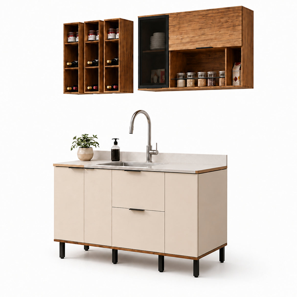 Cocina Ibiza Natural y Blanco Apagado 120x74cm con Cuatro Puertas sin Mesón y Sin Estufa