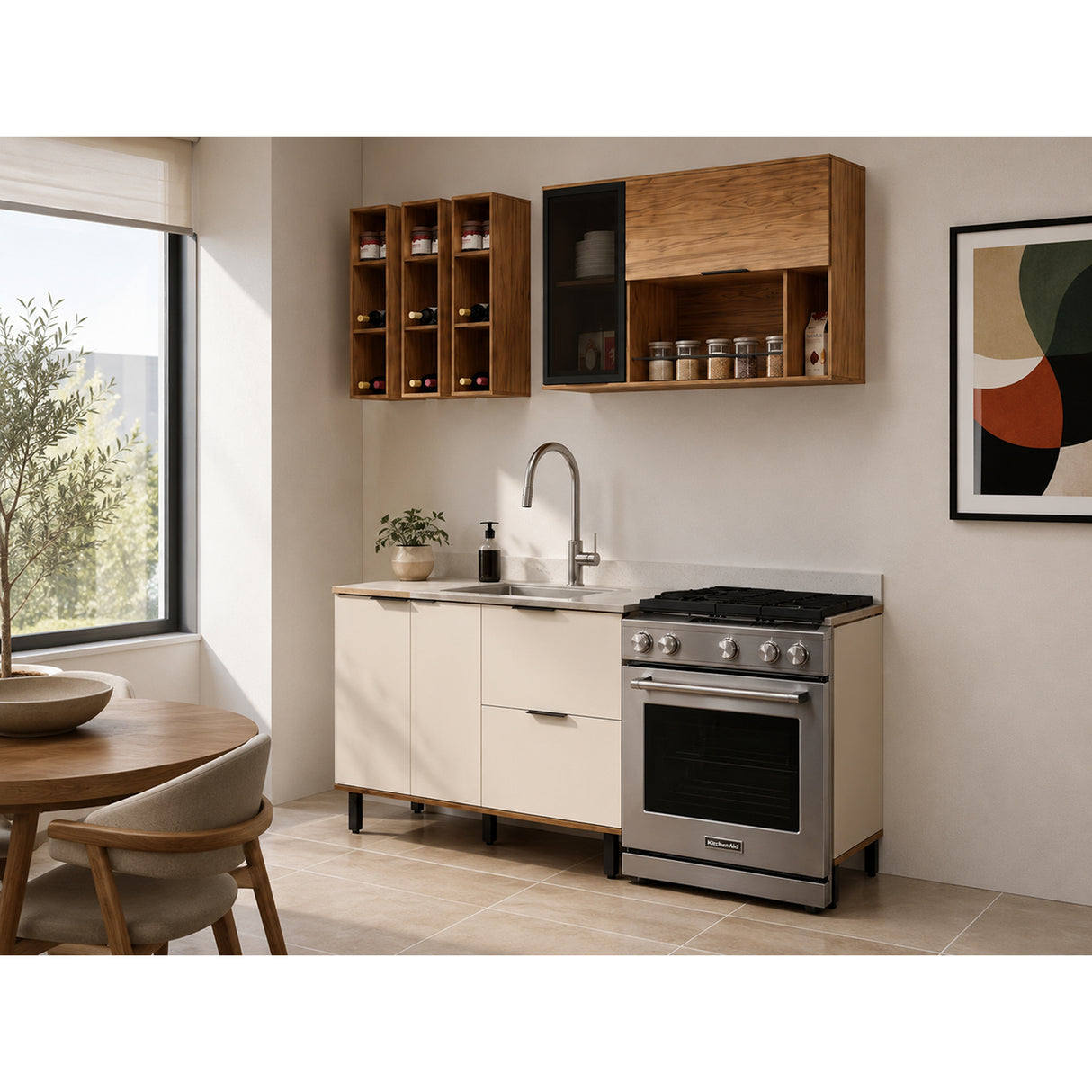 Cocina Ibiza Natural y Blanco Apagado 120x74cm con Cuatro Puertas sin Mesón y Sin Estufa