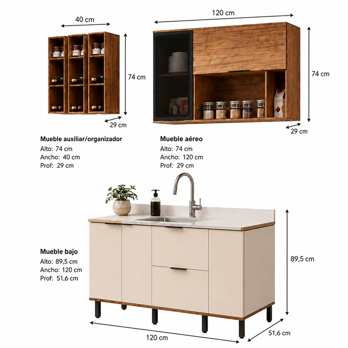 Cocina Ibiza Natural y Blanco Apagado 120x74cm con Cuatro Puertas sin Mesón y Sin Estufa
