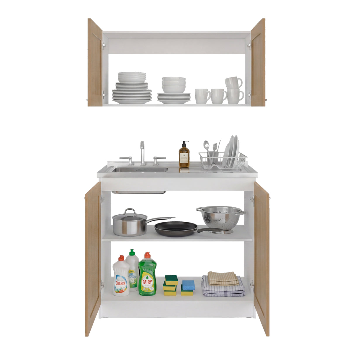 Cocina Zurich Blanco y Fresno 100x49cm con Mesón de Acero Inoxidable y sin Estufa