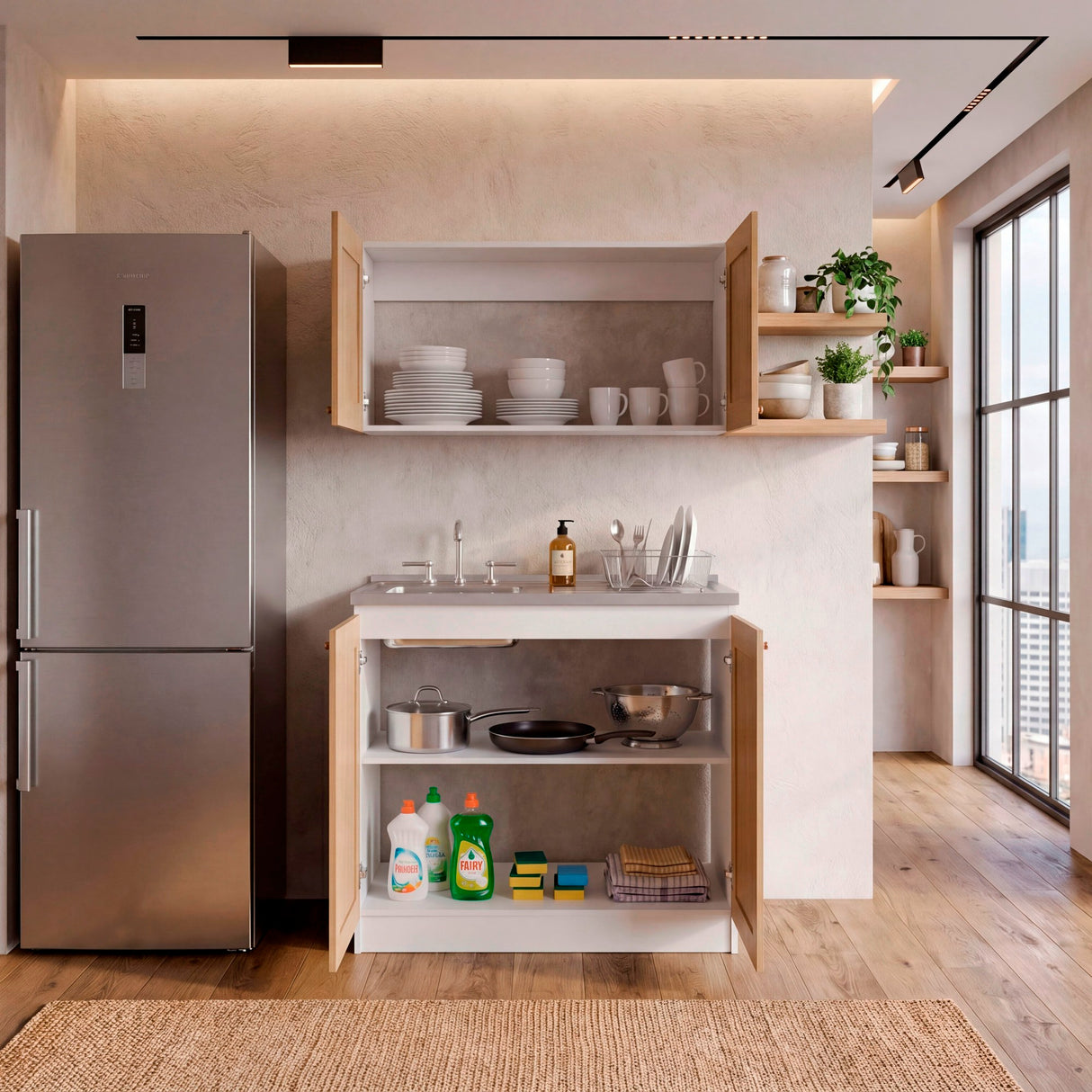 Cocina Zurich Blanco y Fresno 100x49cm con Mesón de Acero Inoxidable y sin Estufa