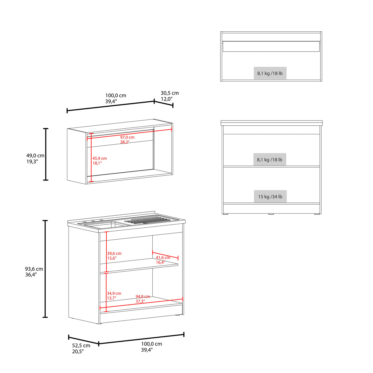 Cocina Zurich Blanco y Nogal 100x49cm con Mesón de Acero Inoxidable y sin Estufa