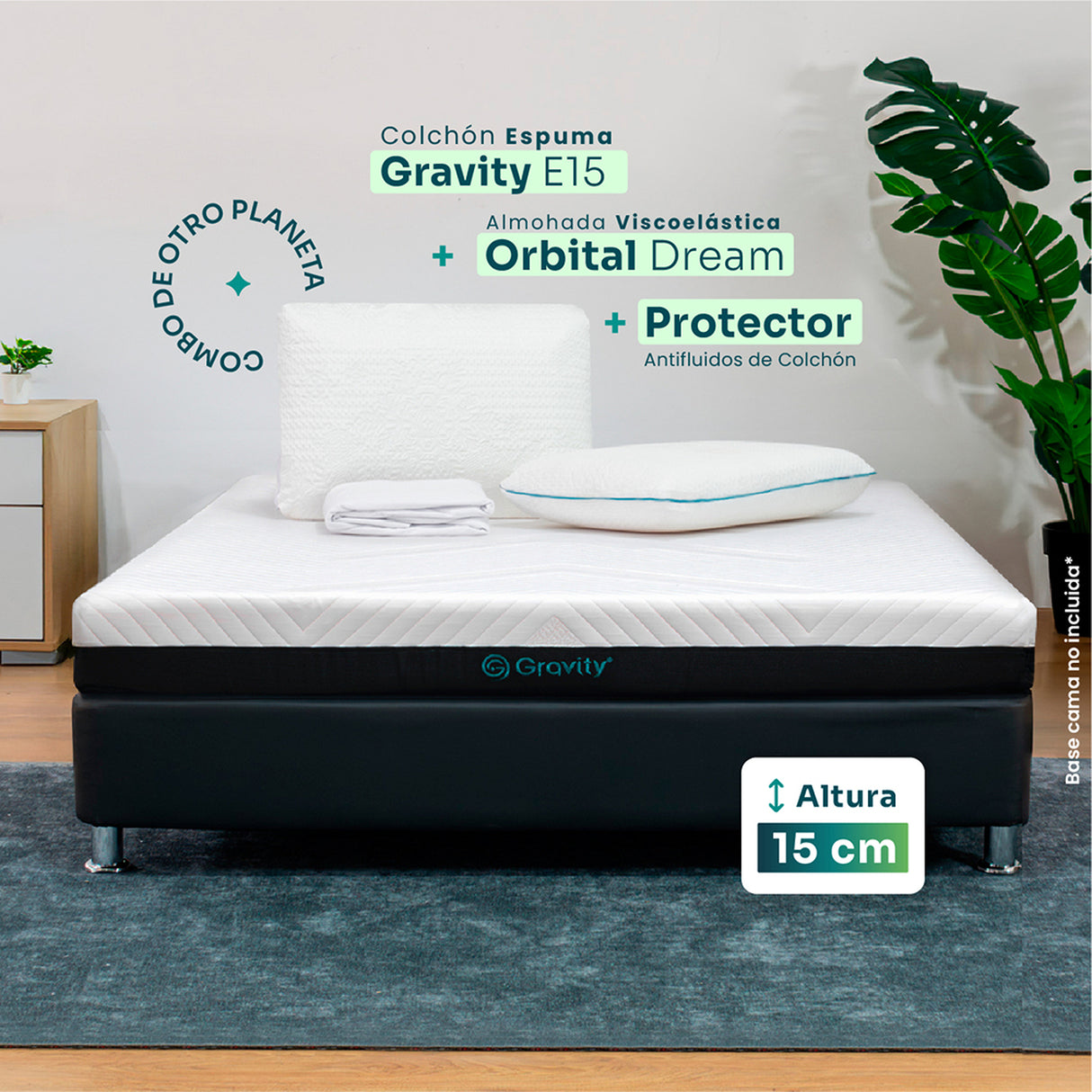 Combo Colchón Enrollado Gravity E15 Blanco Doble 140 X 190 Cm Ortopedico Firmeza Medio con Dos Almohadas Orbital Dream y Un Protector de Colchón