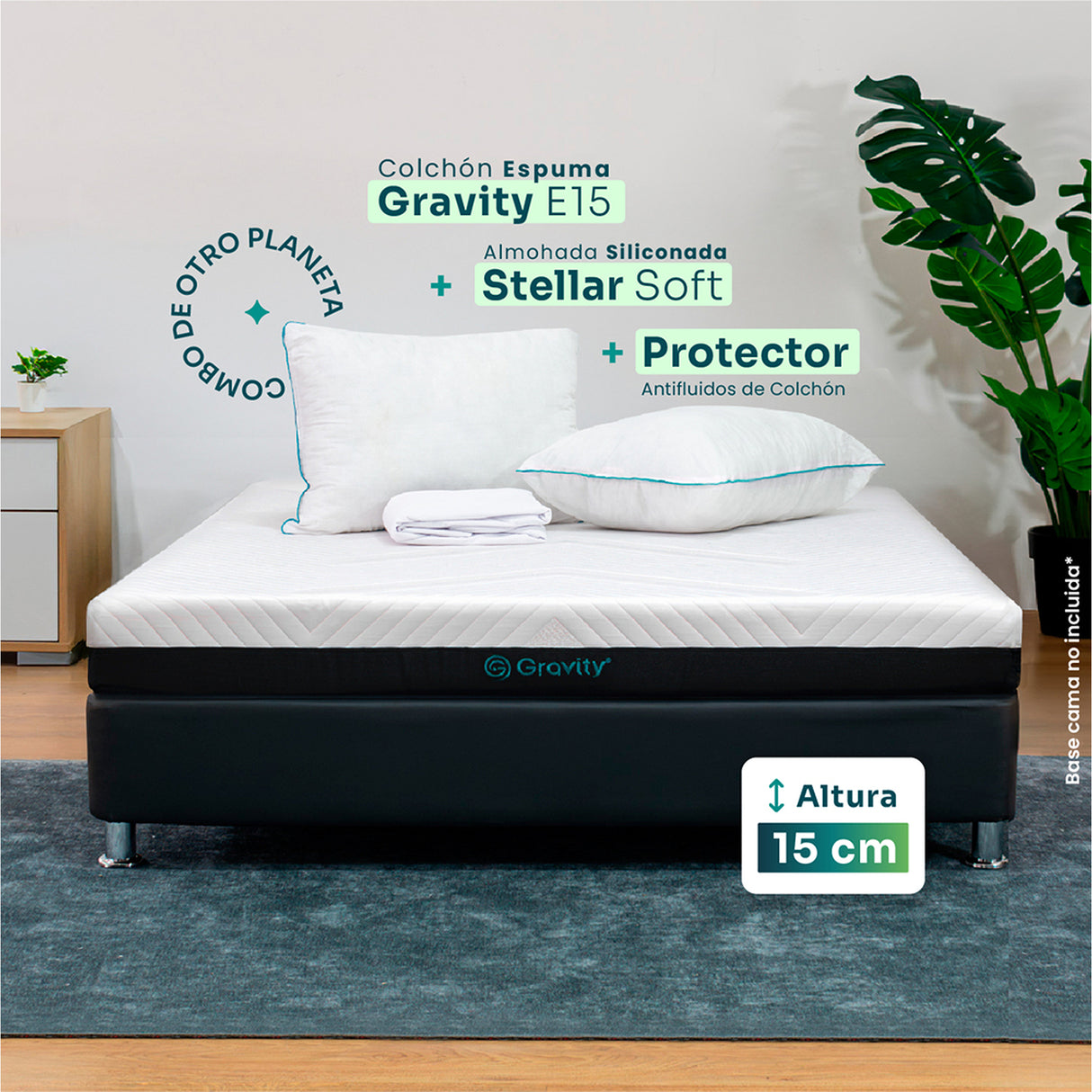 Combo Colchón Enrollado Gravity E18 Blanco Doble 140 X 190 Cm Ortopedico Firmeza Firme con Dos Almohada Stellar Soft y Un Protector de Colchón