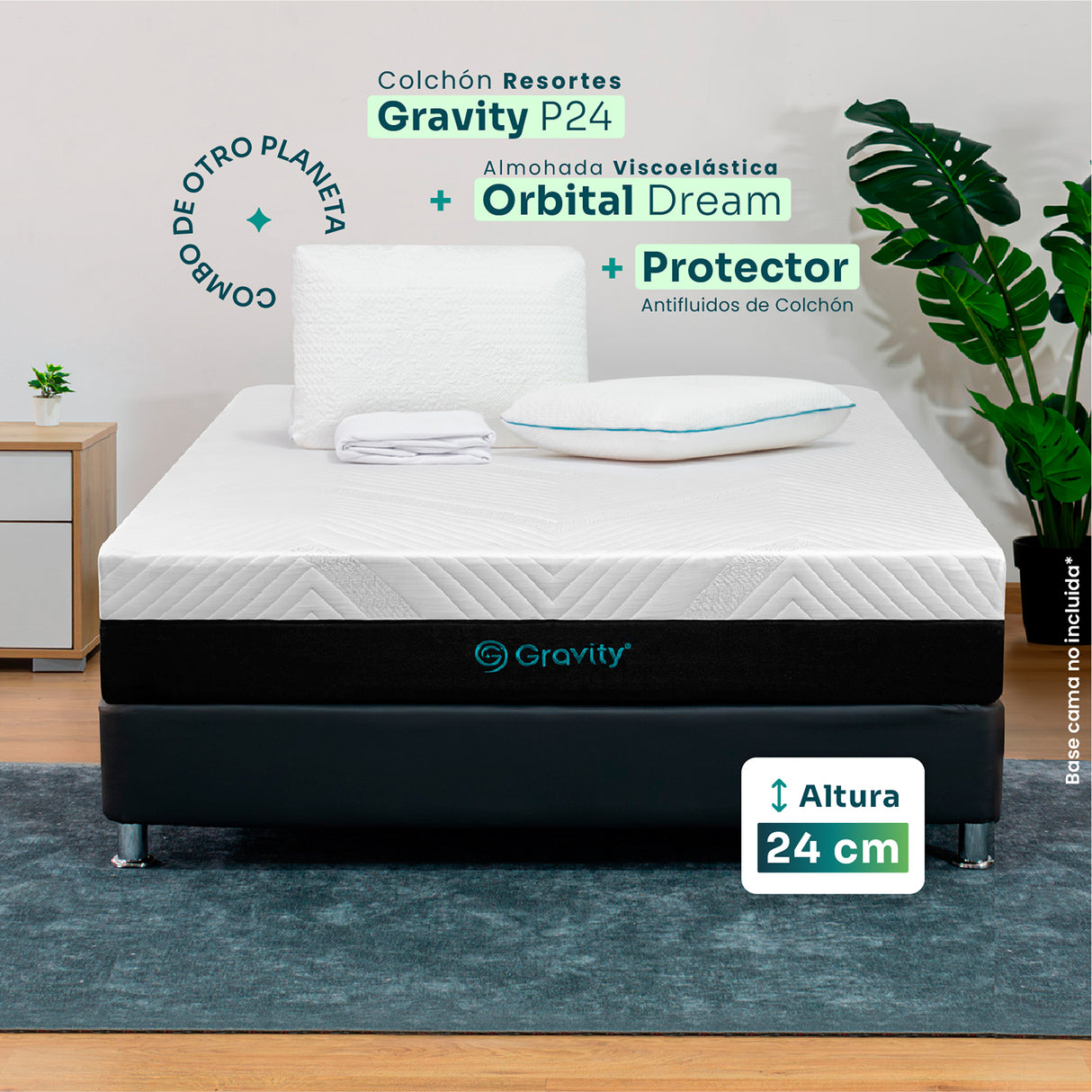 Combo Colchón Enrollado Gravity P24 Blanco Sencillo 100 X 190 Cm Ortopedico Firmeza Medio con Una Almohada Orbital Dream y Un Protector de Colchón