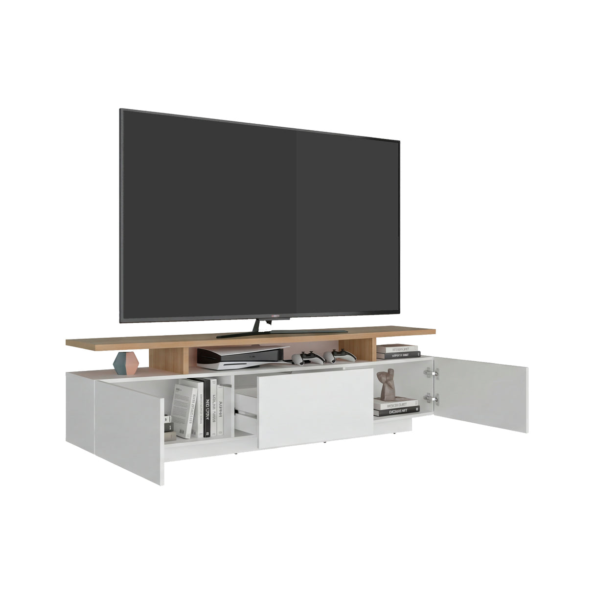 Rack de TV Serena Blanco y Fresno Europeo 180x51.1cm para TV Hasta 65" Pulgadas con Un Cajón y con Tres Compartimientos