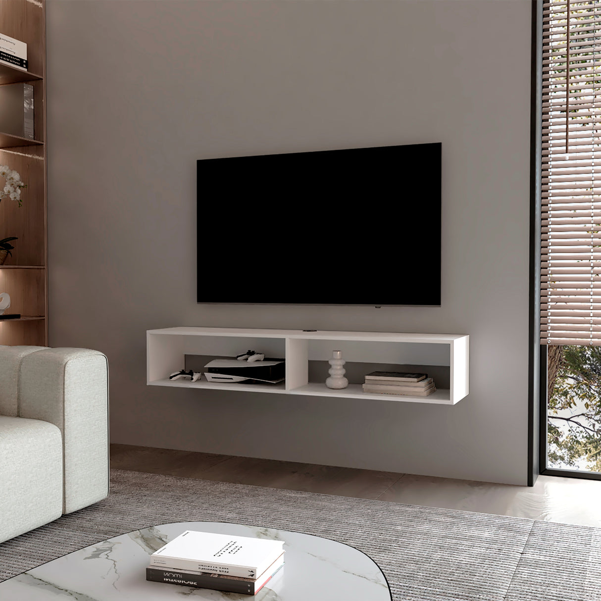 Rack de TV Flotante Blanco 150x26.5cm para TV Hasta 60" Pulgadas y con Dos Compartimientos