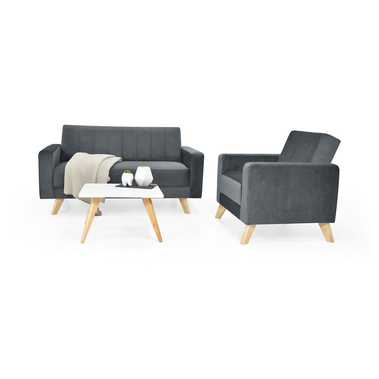 Sala Baru Gris y Matiz Natural 150x82cm de Tres Puestos con Una Poltrona y Una Mesa de Centro Nova