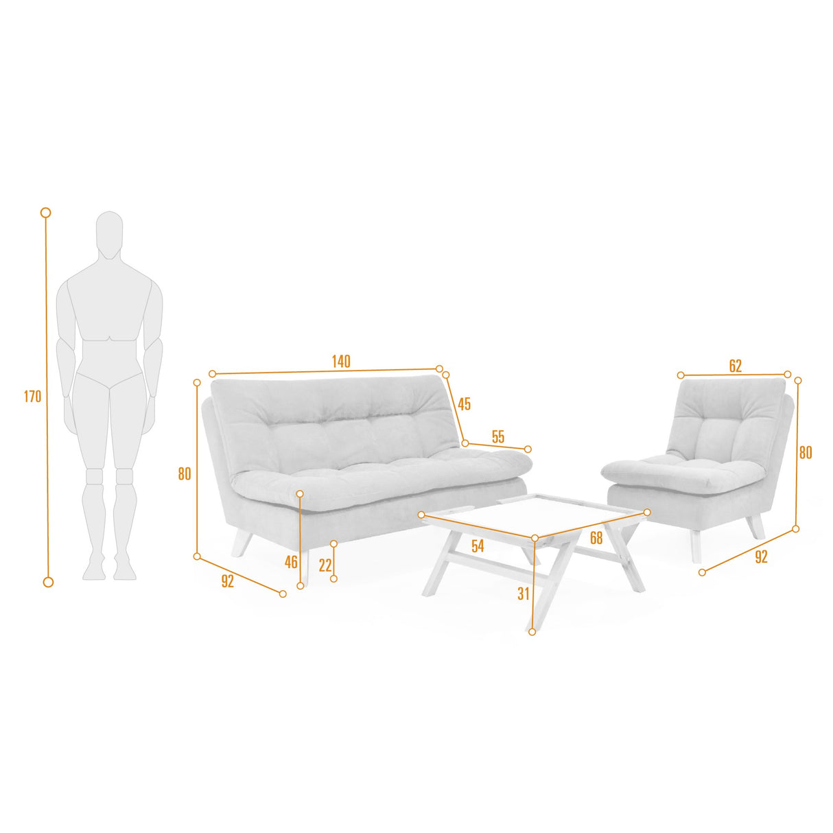 Sala Toulose Gris y Matiz Natural 140x80cm de Tres Puestos y sin Apoya Brazos
