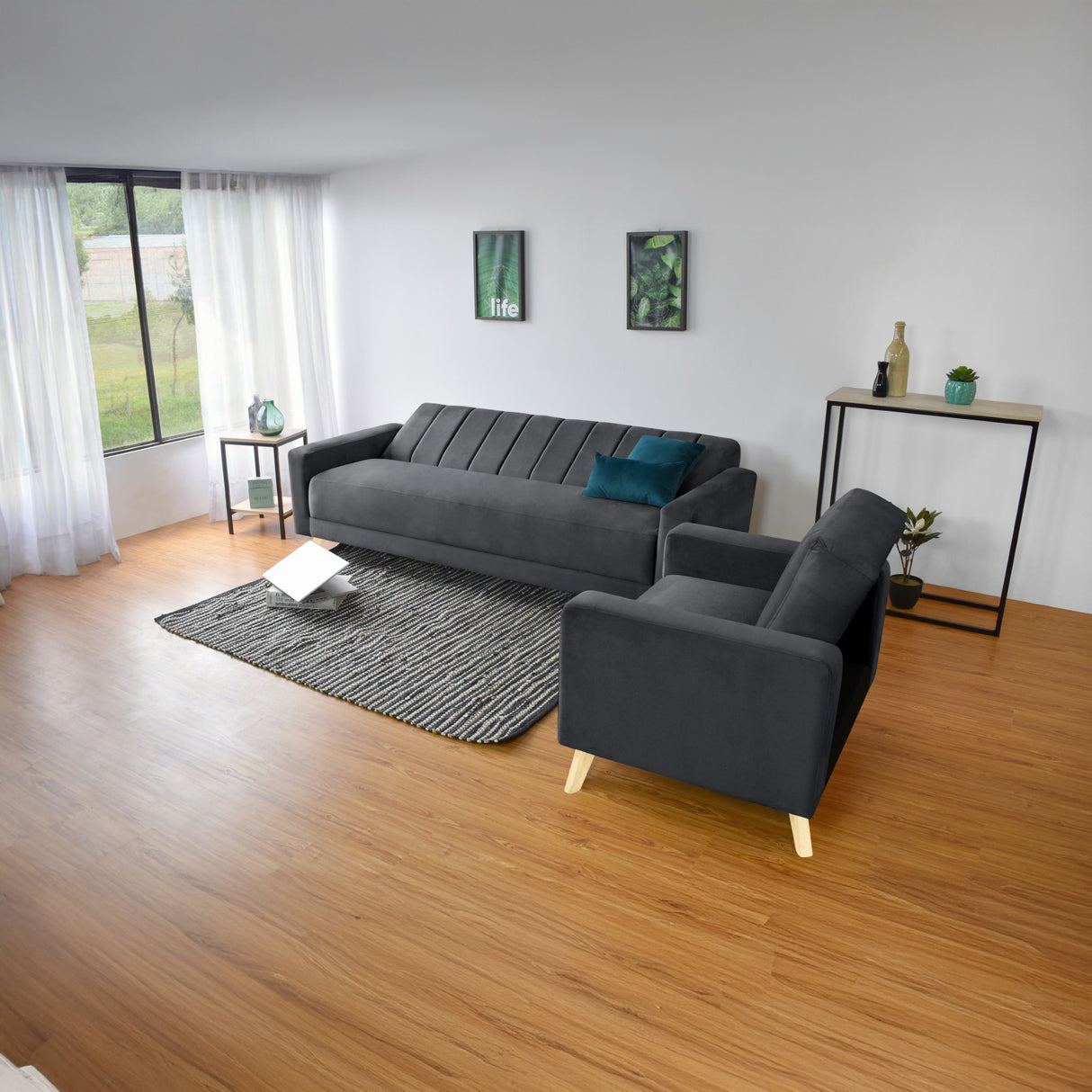 Sala Dominic Gris y Matiz Natural 206x80cm de Cuatro Puestos Reclinable y con Apoya Brazos