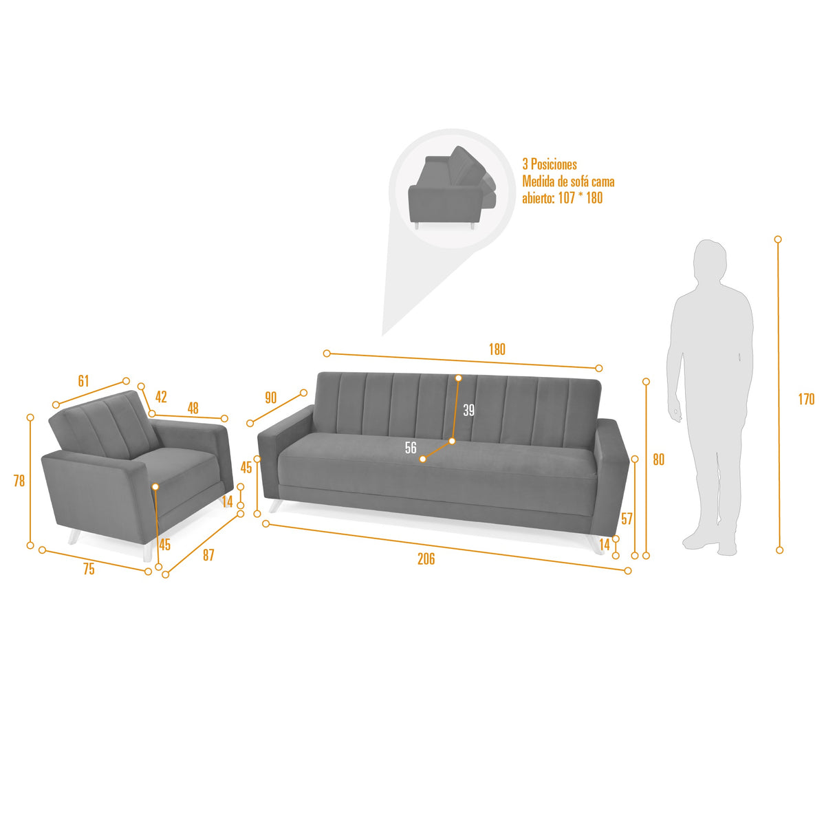Sala Dominic Gris y Matiz Natural 206x80cm de Cuatro Puestos Reclinable y con Apoya Brazos
