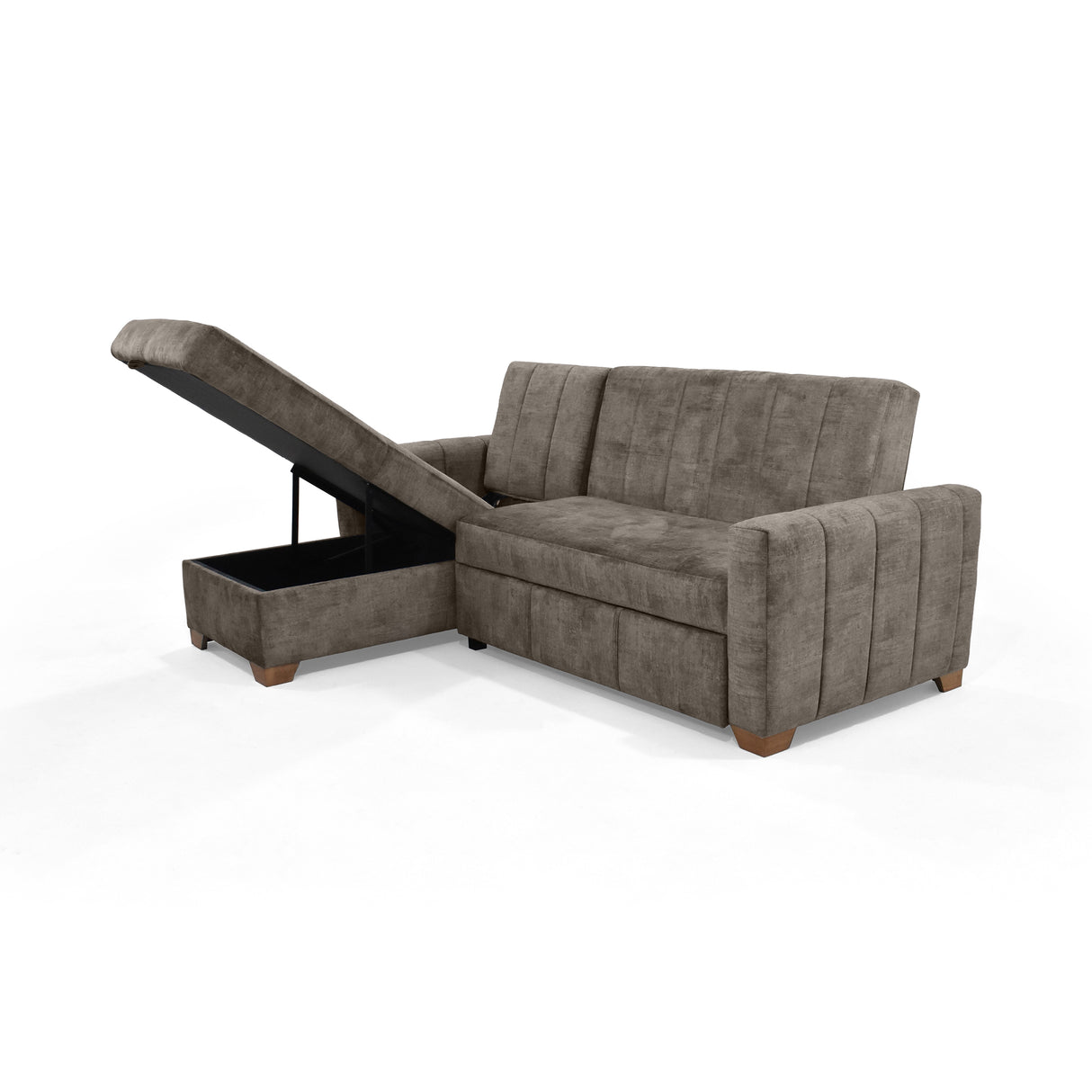 Sofá Cama en L Derecho Apolo Taupe y Matiz Caoba 220x92cm de Tres Puestos Reclinable con Almacenamiento y con Apoya Brazos