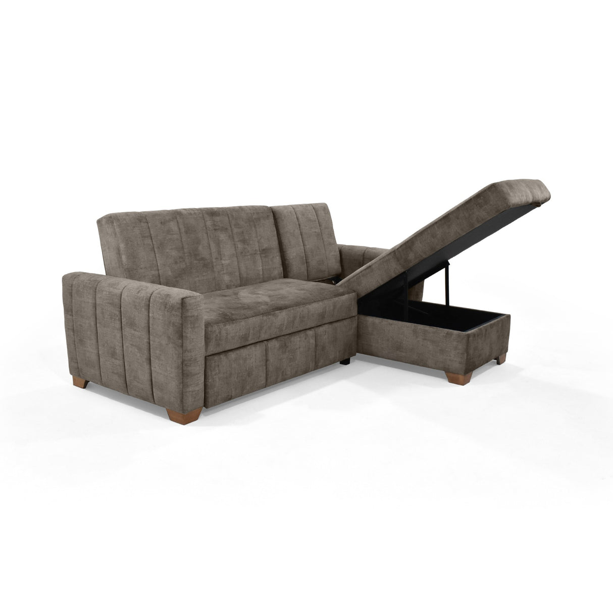 Sofá Cama en L Izquierdo Apolo Taupe y Matiz Caoba 220x92cm de Tres Puestos Reclinable con Almacenamiento y con Apoya Brazos